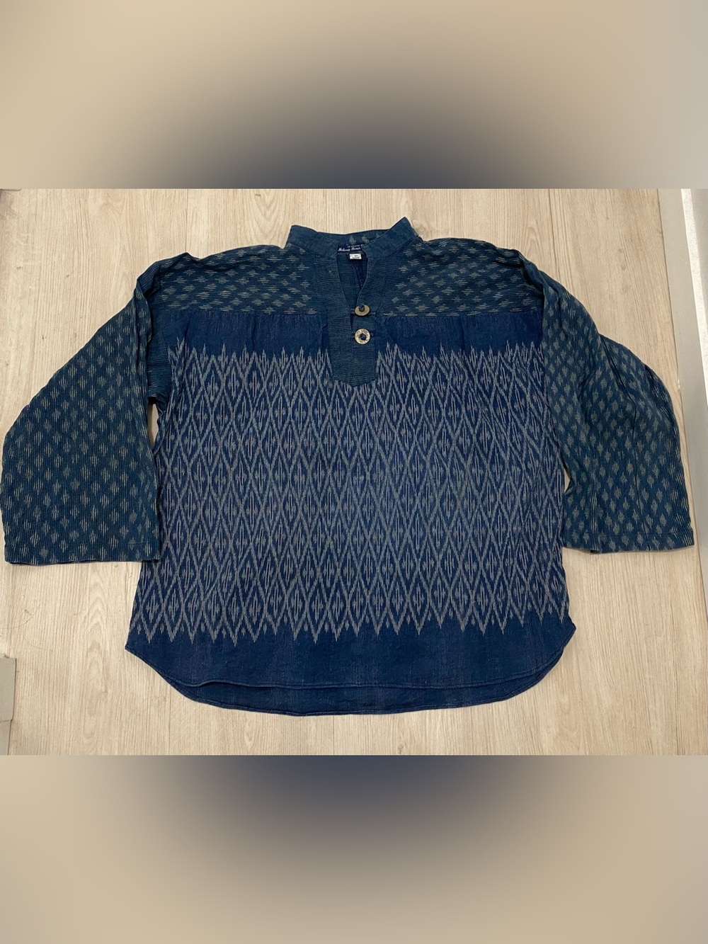 Vintage Mekong River Textiles Indigo Ikat Handwoven Tunic Top French Coin Button